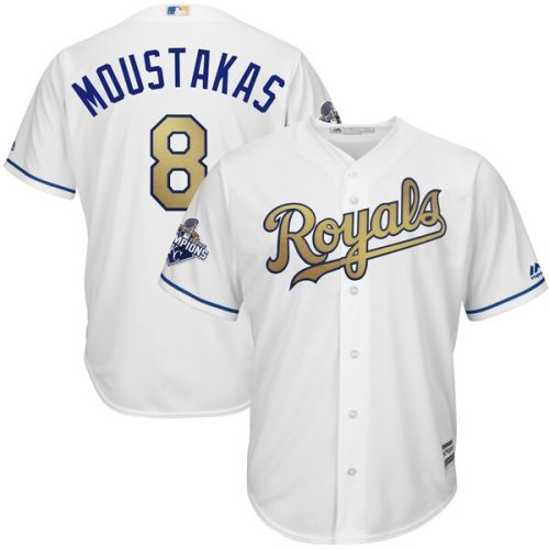  Men's Kansas City Royals Mike Moustakas Majestic White Home World Series Champions Gold Program Cool Base Player Jersey