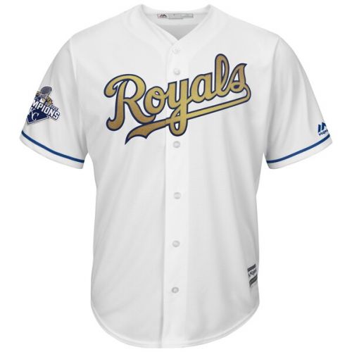  Men's Kansas City Royals Mike Moustakas Majestic White Home World Series Champions Gold Program Cool Base Player Jersey