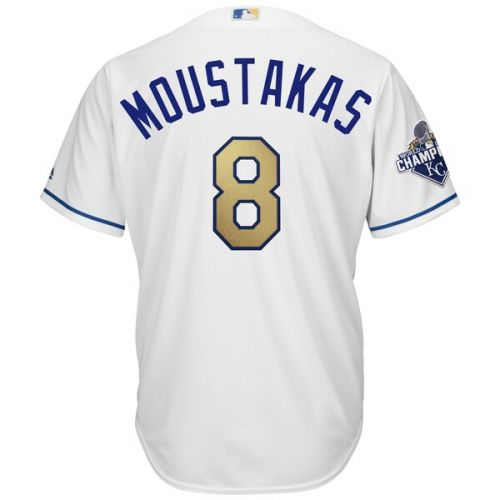  Men's Kansas City Royals Mike Moustakas Majestic White Home World Series Champions Gold Program Cool Base Player Jersey