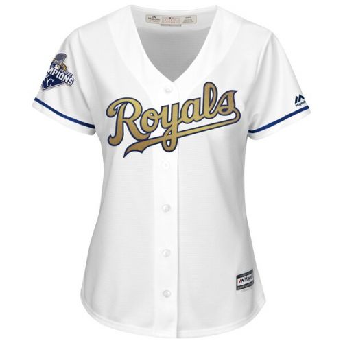  Women's Kansas City Royals Eric Hosmer Majestic White Home 2015 World Series Champions Gold Program Cool Base Jersey