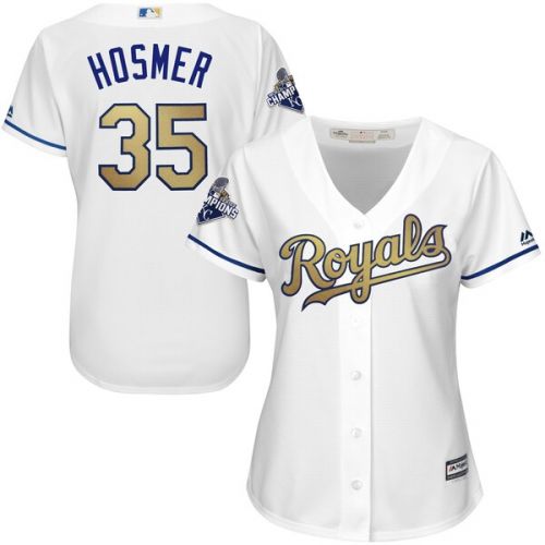  Women's Kansas City Royals Eric Hosmer Majestic White Home 2015 World Series Champions Gold Program Cool Base Jersey