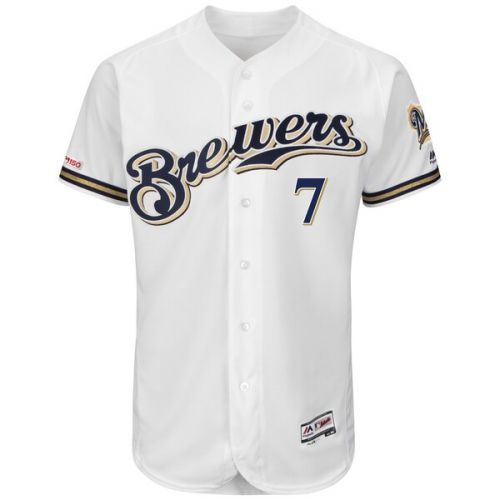  Men's Milwaukee Brewers Eric Thames Majestic White Flex Base Authentic Collection Jersey