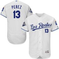 Men's Kansas City Royals Salvador Perez Majestic White Alternate Los Reales Flex Base Player Jersey with World Series Commemorative Patch