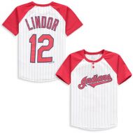 Youth Cleveland Indians Francisco Lindor Majestic WhiteRed Game Day Pinstripe Name & Number Henley T-Shirt