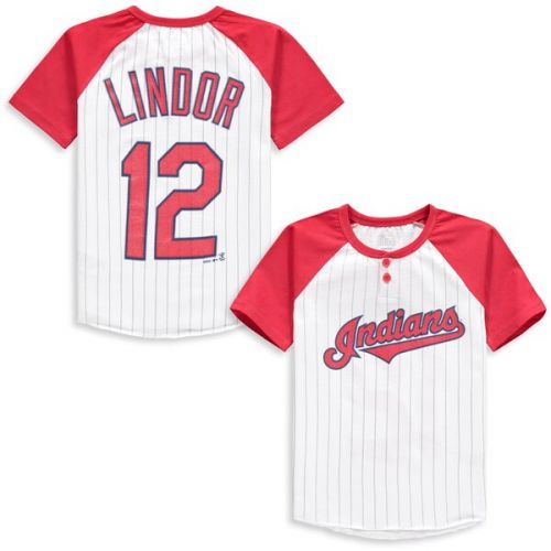  Youth Cleveland Indians Francisco Lindor Majestic WhiteRed Game Day Pinstripe Name & Number Henley T-Shirt