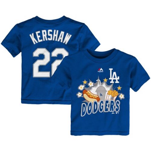  Toddler Los Angeles Dodgers Clayton Kershaw Majestic Royal Snack Attack Name & Number T-Shirt