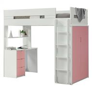 Major-Q 9038040 70 H Youth Style Pink/White Wooden Twin Loft Bed with Desk Shelf and Wardrobe