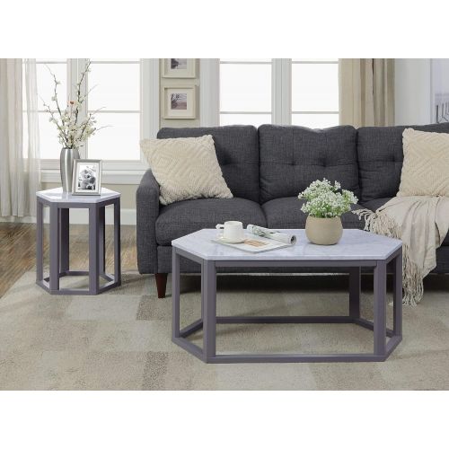  Major-Q 40 W Contemporary Style Cream Marble Top Gray Finish Hexagon Shape Living Room Coffee Table, 9082450