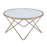 Major-Q 34 Dia Contemporary Style White Frosted Round 5mm Tempered Glass Top Champagne Finish Metal Tube Base Living Room Coffee Table, 9081825GL