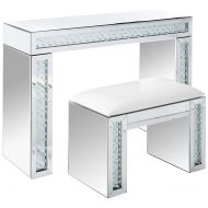 Major-Q 31 H Modern Style Contemporary 4mm Console Table with Faux Leather Upholstered Seat Fully Mirrored Vanity Stool Set, 9090159 + 9090158