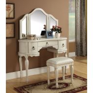Major-Q 9090024 + 9090025 White Finish Trifold Mirror Wooden Vanity Set with Makeup Desk and Stool