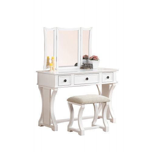  Major-Q 54 H Contemporary Casual Style White Trifold Mirror Wooden Vanity Set with Stool Pxf904119