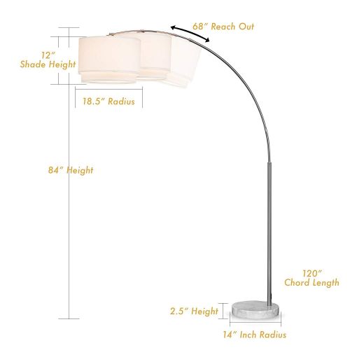  Major-Q SH-6938WH 6938WH 6938DSWH Extra Towering 82” Arched Floor Large Modern Arc Lamp with Hanging DOUBLE Drum Shade and Real Marble Base Light Fixture with Foot-Switch and 64 in