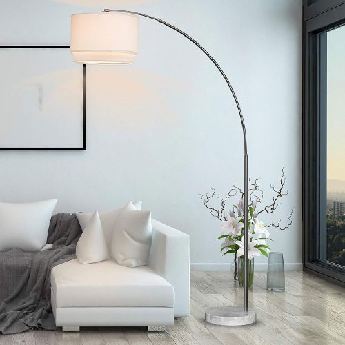  Major-Q SH-6938WH 6938WH 6938DSWH Extra Towering 82” Arched Floor Large Modern Arc Lamp with Hanging DOUBLE Drum Shade and Real Marble Base Light Fixture with Foot-Switch and 64 in