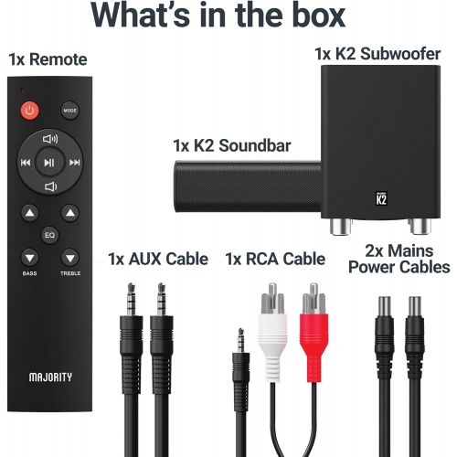  [아마존베스트]Majority K2 Bluetooth Sound Bar with Wireless Subwoofer, Home Audio System for TVs/Smart TVs, Monitor, Flat Screen, for Gaming and Home Theater with RCA, HDMI ARC, Optical and USB