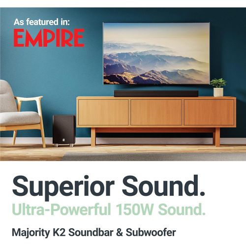  [아마존베스트]Majority K2 Bluetooth Sound Bar with Wireless Subwoofer, Home Audio System for TVs/Smart TVs, Monitor, Flat Screen, for Gaming and Home Theater with RCA, HDMI ARC, Optical and USB