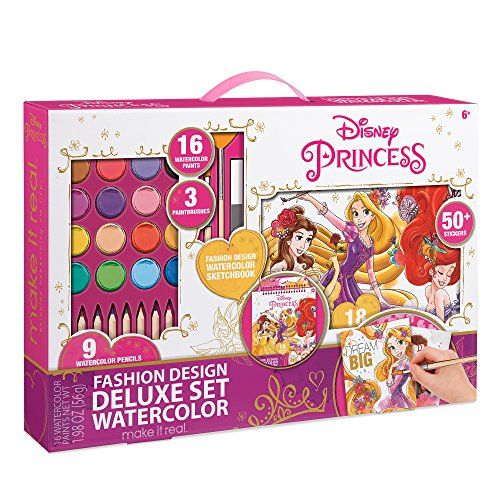  Make It Real Disney Princess Fashion Watercolor Sketchbook. Disney Princesses Water Coloring Book for Girls. Includes Princess Sketch Pages, Paint Brushes, Watercolor Paints, Ste