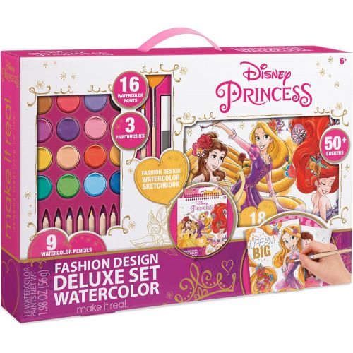  Make It Real Disney Princess Fashion Watercolor Sketchbook. Disney Princesses Water Coloring Book for Girls. Includes Princess Sketch Pages, Paint Brushes, Watercolor Paints, Ste