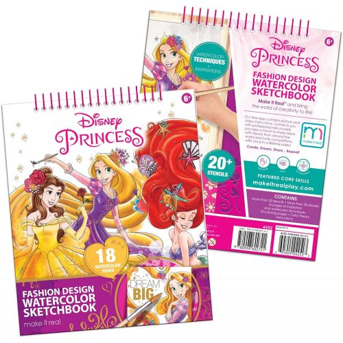  Make It Real Disney Princess Fashion Watercolor Sketchbook. Disney Princesses Water Coloring Book for Girls. Includes Princess Sketch Pages, Paint Brushes, Watercolor Paints, Ste