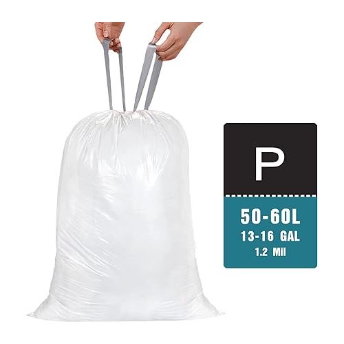  Code P (50 Count) 13-16 Gallon Heavy Duty Drawstring Plastic Trash Bags Compatible with simplehuman Code P | 1.2 Mil | White| 50-60 Liter