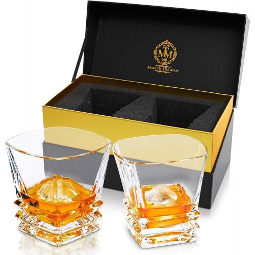  Maketh The Man Premium Art Deco Whiskey Glass Set. 10oz Bourbon Glasses In Stylish Gift Box. Genuine Lead Free Crystal Scotch Glasses Designed In Europe. 2 Double Old Fashioned Rocks Glasses For