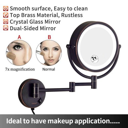  Makeup Mirrors Wall Mount Bathroom LED Lighted Makeup Mirror Vanity Cosmetic Magnifying Double sided Shaving Mirror Brass Oil-Rubbed Bronze with Electrical Plug,10X