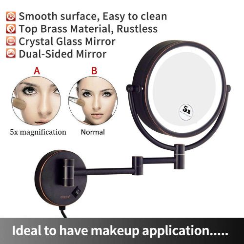  Makeup Mirrors Wall Mount Bathroom LED Lighted Makeup Mirror Vanity Cosmetic Magnifying Double sided Shaving Mirror Brass Oil-Rubbed Bronze with Electrical Plug,10X