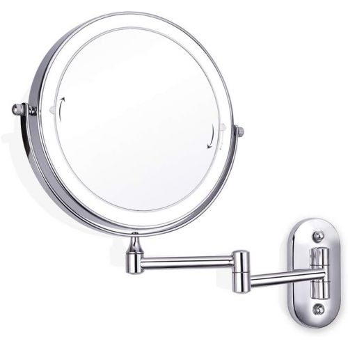  8 inches Wall Mount Vanity Makeup Mirrors Magnifying LED Lights Hotel Bathroom Shaving Cosmetic Mirror Double Folding Arms Wall Mirrors Chrome,10X