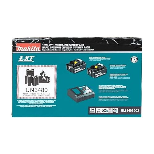  Makita BL1840BDC2 18V LXT® Lithium-Ion Battery and Rapid Optimum Charger Starter Pack (4.0Ah)