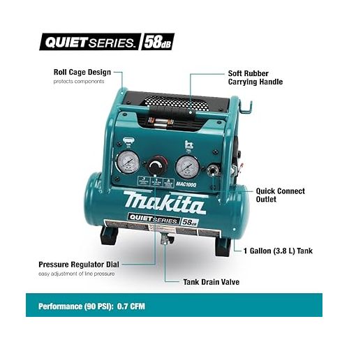  Makita MAC100Q Quiet Series, 1/2 HP, 1 Gallon Compact, Oil-Free, Electric Air Compressor