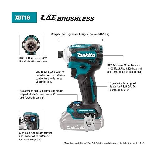  Makita XDT16Z 18V LXT Lithium-Ion Brushless Cordless Quick-Shift Mode 4-Speed Impact Driver, Tool Only