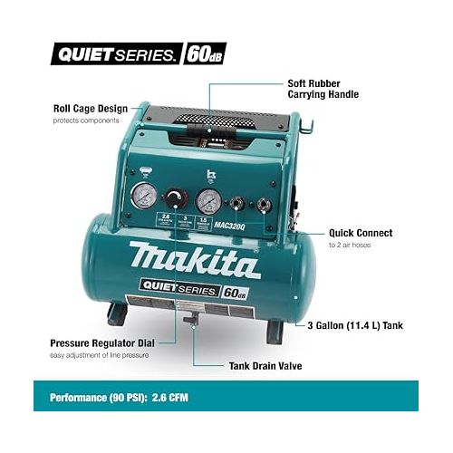  Makita MAC320Q Quiet Series 1-1/2 HP, 3 Gallon, Oil-Free, Electric Air Compressor