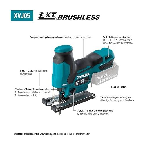  Makita XVJ05Z 18V LXT® Lithium-Ion Brushless Cordless Barrel Grip Jig Saw, Tool Only