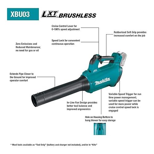  Makita XBU03Z 18V LXT® Lithium-Ion Brushless Cordless Blower, Tool Only