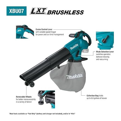  Makita XBU07Z 18V LXT® Brushless Blower/Vacuum Mulcher, Tool Only