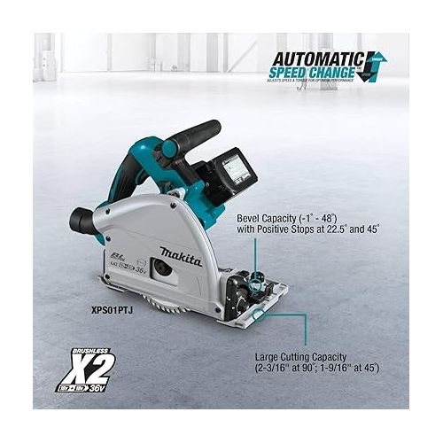  Makita XPS01PTJ 18-Volt X2 LXT Lithium-Ion (36V) Brushless Cordless 6-1/2 inch Plunge Circular Saw Kit (5.0Ah) with 199140-0 39 inch Guide Rail(Sold separately)