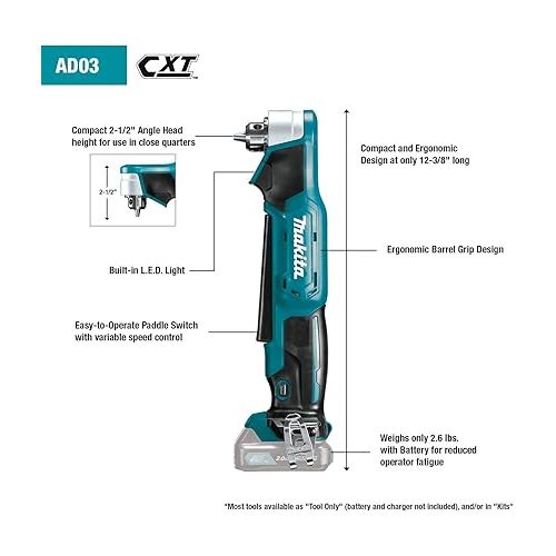  Makita AD03R1 12V max CXT Right Angle Drill Kit, 3/8