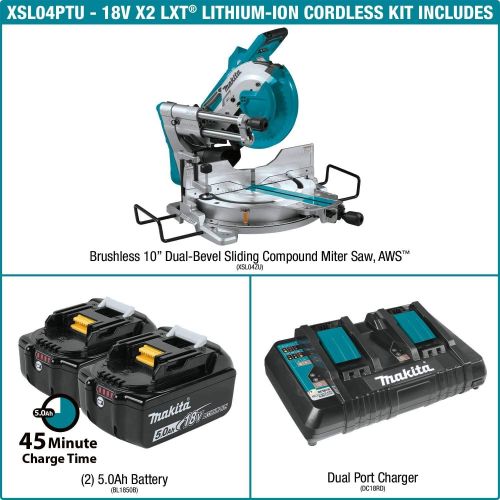  Makita XSL04PTU 18V x2 LXT Lithium-Ion (36V) Brushless Cordless 10 Dual-Bevel Sliding Compound Miter Saw Kit, Aws & Laser (5.0Ah)