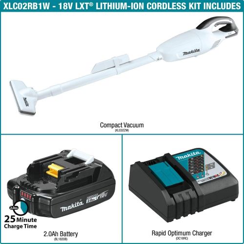  Makita XLC02RB1W 18V LXT Lithium-Ion Compact Cordless Vacuum Kit (2.0Ah), 1.3 Pint