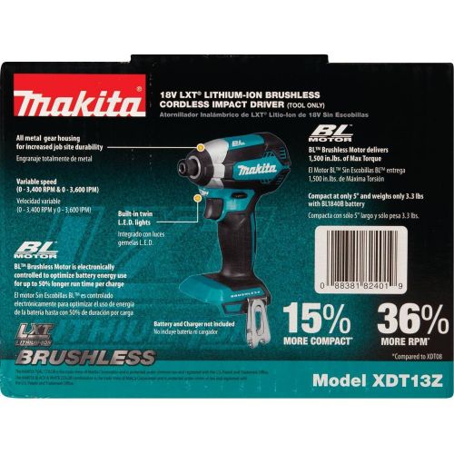  Makita XDT13Z 18V LXT Lithium-Ion Brushless Cordless Impact Driver, Tool Only,
