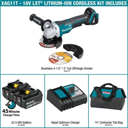  Makita XAG11T 18V LXT Lithium-Ion Brushless Cordless 4-1/2” / 5 Paddle Switch Cut-Off/Angle Grinder Kit, with Electric Brake (5.0Ah)