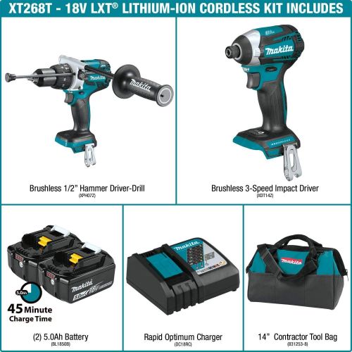  [아마존베스트]Makita XT268T 18V LXT Lithium-Ion Brushless Cordless 2-Pc. Combo Kit (5.0Ah) with BL1860B 18V LXT Lithium-Ion 6.0Ah Battery with BL1830B-2 18V LXT Lithium-Ion 3.0Ah Battery, 2/pk