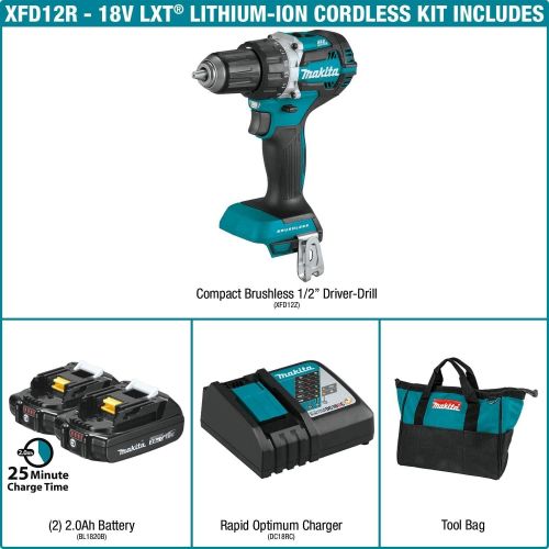  [아마존베스트]Makita XFD12R 18V LXT Lithium-Ion Compact Brushless Cordless 1/2 Driver-Drill Kit (2.0Ah),