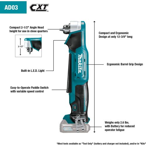  [아마존베스트]Makita AD03Z 12V max CXT Right Angle Drill, 3/8