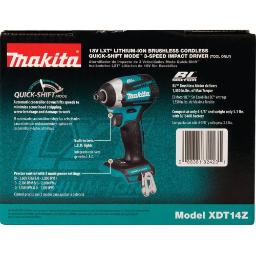  [아마존베스트]Makita XDT14Z 18V LXT Lithium-Ion Brushless Cordless Quick-Shift Mode 3-Speed Impact Driver, Tool Only,