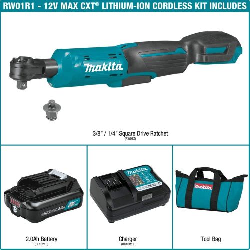  [아마존베스트]Makita RW01R1 12V max CXT Lithium-Ion Cordless 3/8 / 1/4 Sq. Drive Ratchet Kit (2.0Ah)