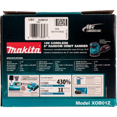  [아마존베스트]Makita XOB01Z 18V LXT Lithium-Ion Cordless 5 Random Orbit Sander, Tool Only