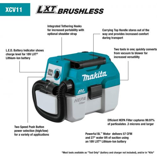  [아마존베스트]Makita XCV11Z 18V LXT Lithium-Ion Brushless Cordless 2 Gallon HEPA Filter Portable Wet/Dry Dust Extractor/Vacuum, Tool Only