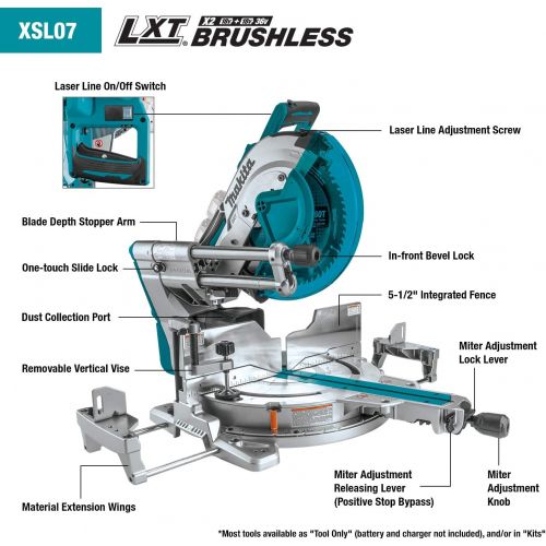  Makita XSL07PT 18V x2 LXT Lithium-Ion (36V) Brushless Cordless 12 Dual-Bevel Sliding Compound Miter Saw with Laser Kit (5.0Ah)