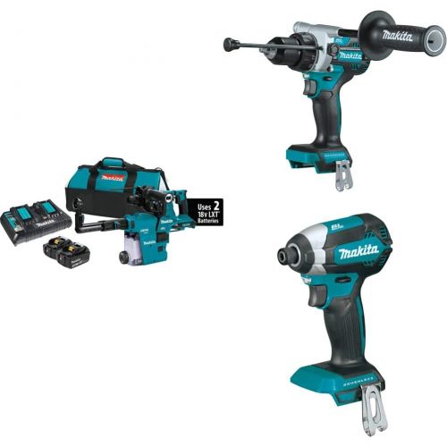  Makita XRH10PTW 36V (18V X2) LXT Brushless 1-1/8 Rotary Hammer Kit, AVT, AFT, AWS (5.0Ah) with XPH14Z 18V LXT Lithium-Ion BL Cordless 1/2 Hammer Driver-Drill & XDT13Z 18V LXT Li-Io